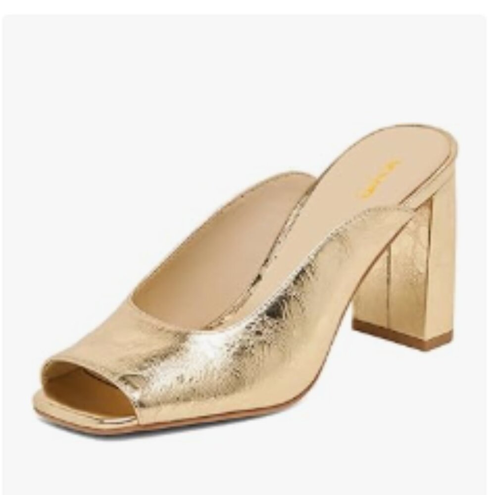 XYD Gold Squared Peep Toe Chunky High Heel Mules Slides Sandals Summer Shoes
